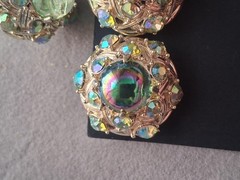 Hollycraft 1950s demi-parure green cab & AB clip on earrings & adjustable ring