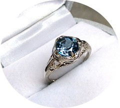 Art Deco – Ring – LONDON Blue Topaz – Solid 14k White Gold Filigree Mtg. – Sz 6.