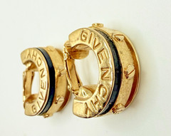 Givenchy Vintage Clip On Earrings Logo Black Enamel Hoops Gold Signed 80s 1 in