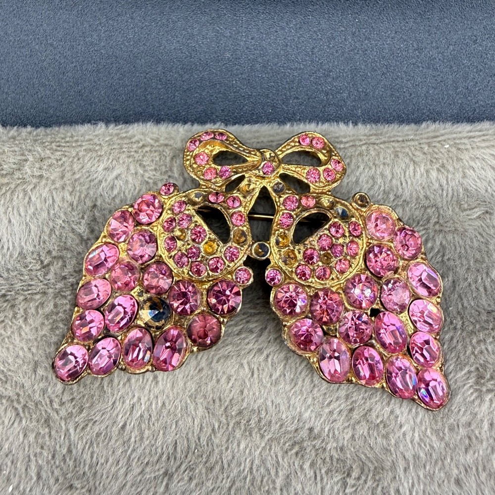 Vintage Pot Metal Rhinestone Brooch Pink Grapes Flowers Bow Gold Tone READ