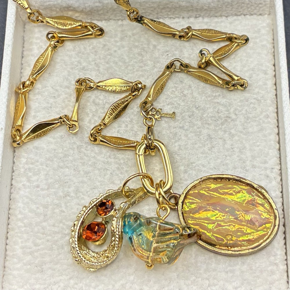 Custom Vintage Charm Trio, Vtg Gold Plated Trifari Chain Necklace, Opal, Czech +