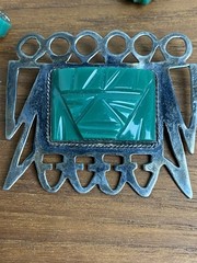 Vintage Mexican Sterling Silver Ornate Hand Carved Jade Brooch Earring Set 30g