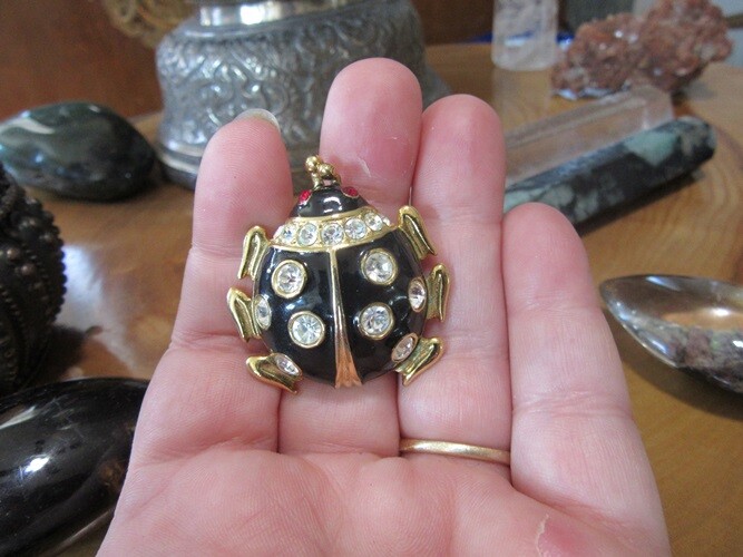 Casual Corner signed enameled, rhinestone ladybug brooch