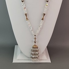 Vintage AB Glass Beaded Tassel Necklace Earrings Set Gold Tone Bar Links 26″