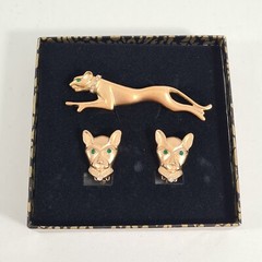 Vintage JACKIE COLLINS Panther Set In Box Brooch & Clip Earrings Gold Tone