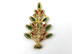 Vintage Eisenberg Ice Christmas Tree Brooch Pin Rhinestone Gold Red Green 2.75″