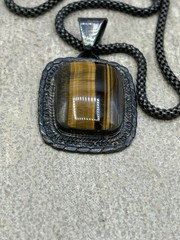 JRI Mexico Sterling Silver Tiger’s Eye Pendant Necklace Modernist Oxidized Chain