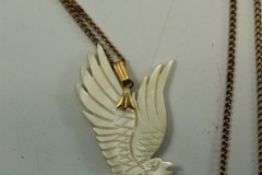 Vintage Hand Carved Shell Flying Eagle Pendant Necklace w/ Goldtone Alloy Chain