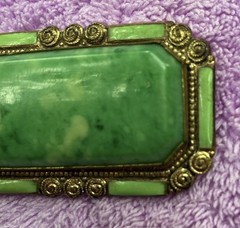 Art Deco Peking Glass Brooch Brass Filigree Enamel Pin Trombone Clasp 1920’s