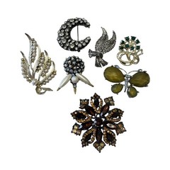 Vintage Brooch Lot of 7 Pcs 1950s 1960s 1970s Rhinestone Gem Retro Jewelry