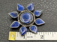 VTG Lapis Lazuli Silver Tone Flower Brooch Pin Nepal Sun Celestial Boho Ethnic