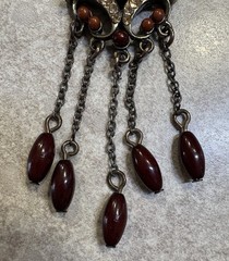 Vintage Style Necklace Dangling Burgundy Beads & Rhinestones Bronze Tone Chain