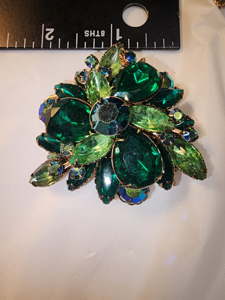Vintage Green Rhinestone Floral Cluster Brooch Emerald Green Statement Pin
