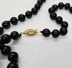 Black Glass Beaded Necklace Hand-Knotted MJ Signed Clasp Gold tone 26 in