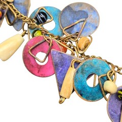 Vtg Copper Collage Art Necklace Metal Geometric Shapes Lampwork Beads & Bones