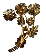 VINTAGE 12 KT GF on STERLING SILVER VERMEIL RED RHINESTONES FLOWER BROOCH 1940s