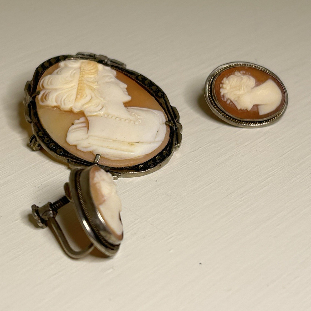 Mid-Century 800 Silver & Marcasite Shell Cameo Parure: Matching Brooch Earrings