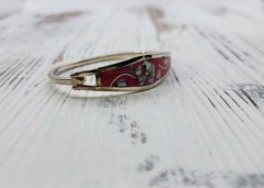 Vintage Silver Tone Pink Alpaca Mexico Hinged Abalone Bracelet 6.5 in