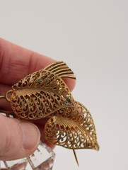 Antique Vintage Gilt Filigree Brooch Cut Crystal Drop European Design Statement