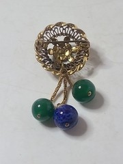 Vintage Tiny Blue Green Cabochon Gold Ton Brooch 2.5 Inch
