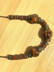 Vintage Wooden Beads & Metal Accents Leather Cord Necklace 1970s Boho Style 16”