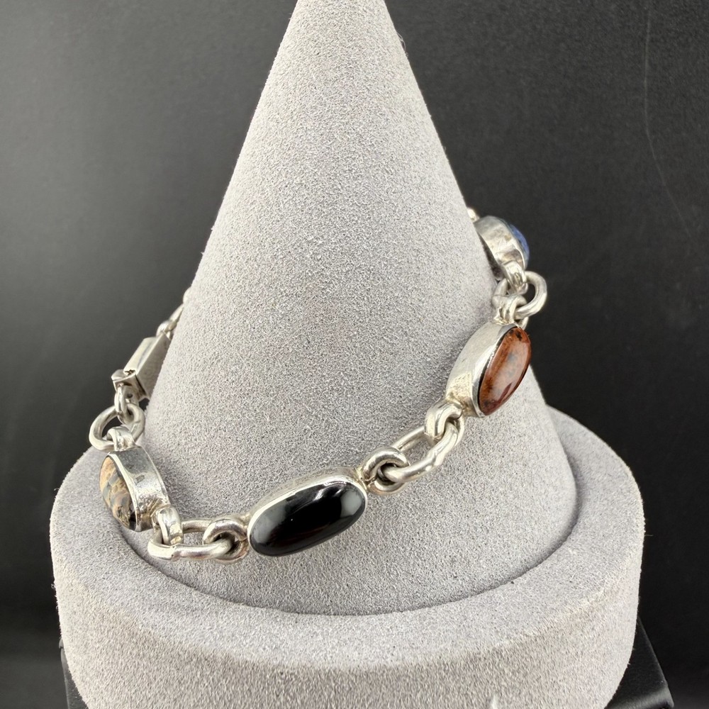 Vintage Taxco 950 Silver Bracelet Polished Stone 7”