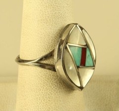 Vintage Sterling Silver Native American Marquise Shape Inlaid Multi Stone Ring