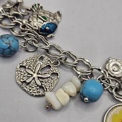 Vintage Silver Tone Charm Necklace Faux Turquoise Beaded Chain Bird Flower Beach