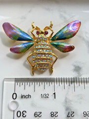 Vtg Signed Graziano Bee Insect Brooch Pin AB Crystals Multicolor Wings, Goldtone