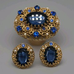 Vintage West Germany Brooch And Clip On Earrings Blue Rhinestones Faux Pearls