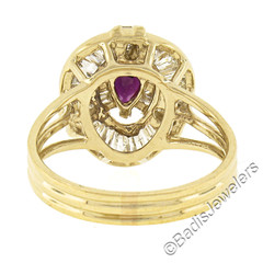 14K Yellow Gold 1.35ctw Pear Cut Ruby & Baguette Cut Diamond Open Cocktail Ring