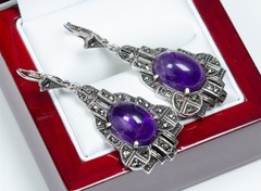 925 Sterling Silver Antique Art Deco Drop Earrings 12.00 ct Amethyst Markasite