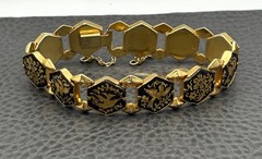 Vintage Damascene Gold Plated Hexagon Black Enamel Phoenix Bird Bracelet 7.25”