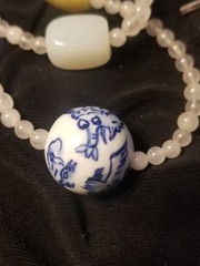 Asian Chinoiserie Bead Necklace & Yellow, Green,White Jade/jadeite, 35″sterling
