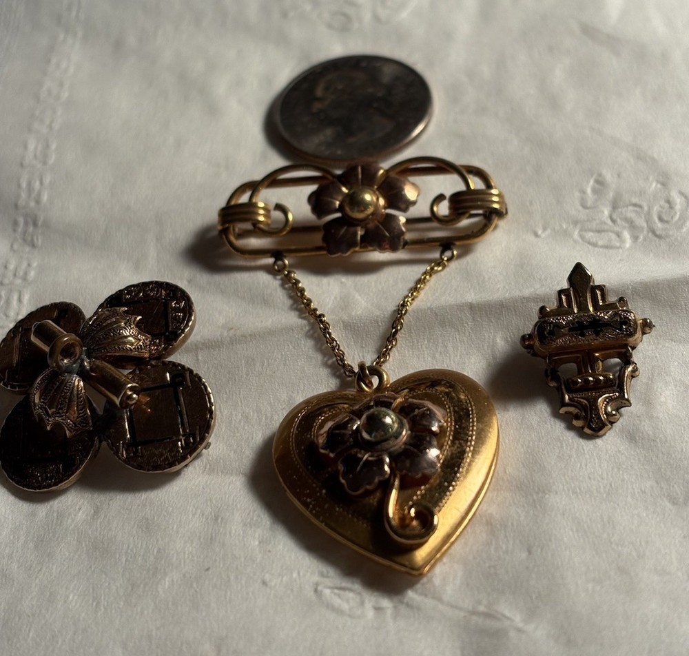 Lot Of 3: Victorian Locket, Clover, Etc. Brooches One Marked 1/20 12k GF
