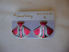 VINTAGE SAMUEL HUANG DESIGNER CLOISONNE RETRO MOD FAN RED BLACK SILVER EARRINGS
