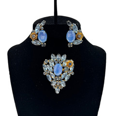 EXTRAORDINARY JULIANA VNT SET EARRINGS BROOCH FAB BLUE CABOCHON CRYSTALS FLOWERS