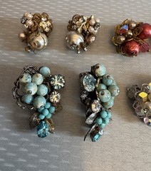 Robert Clip Earring LOT 6 Pair Wired Bead Cluster AB Rhinestone All Signed Vtg