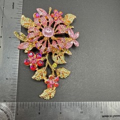 HUGE Pave Rhinestone Flower Gold Tone Brooch Pin Pink J26