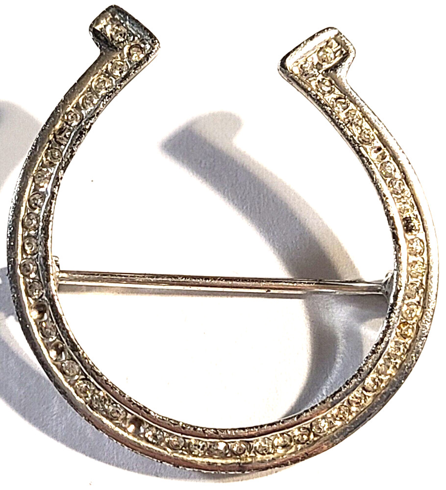 VINTAGE STERLING SILVER RHINESTONE HORSESHOE GOOD LUCK PIN BROOCH SIGNED