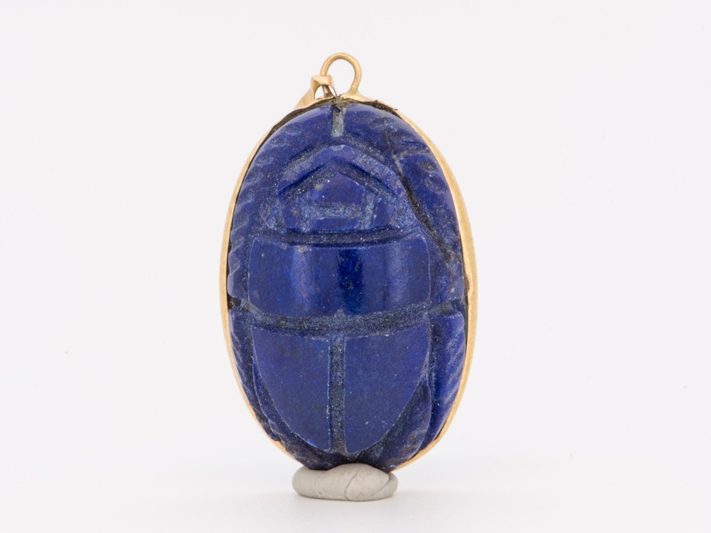 14K Gold Vintage Lapis Lazuli Scarab Pendant Egyptian Revival Carving