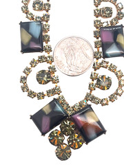 Unusual 1940’s Rhinestone Necklace Art Glass “Mosiac” Square Accents and Pendant