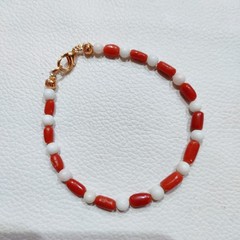 Natural Red White Coral Gemstone Bracelet Coral Beaded Handmade Brass Bracelet