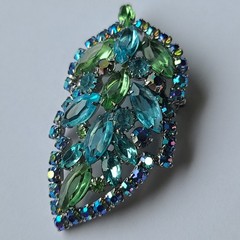 VTG MCM Aque Blue & Lime Green Rhinestone Leaf Brooch Pin (Some AB Finish)