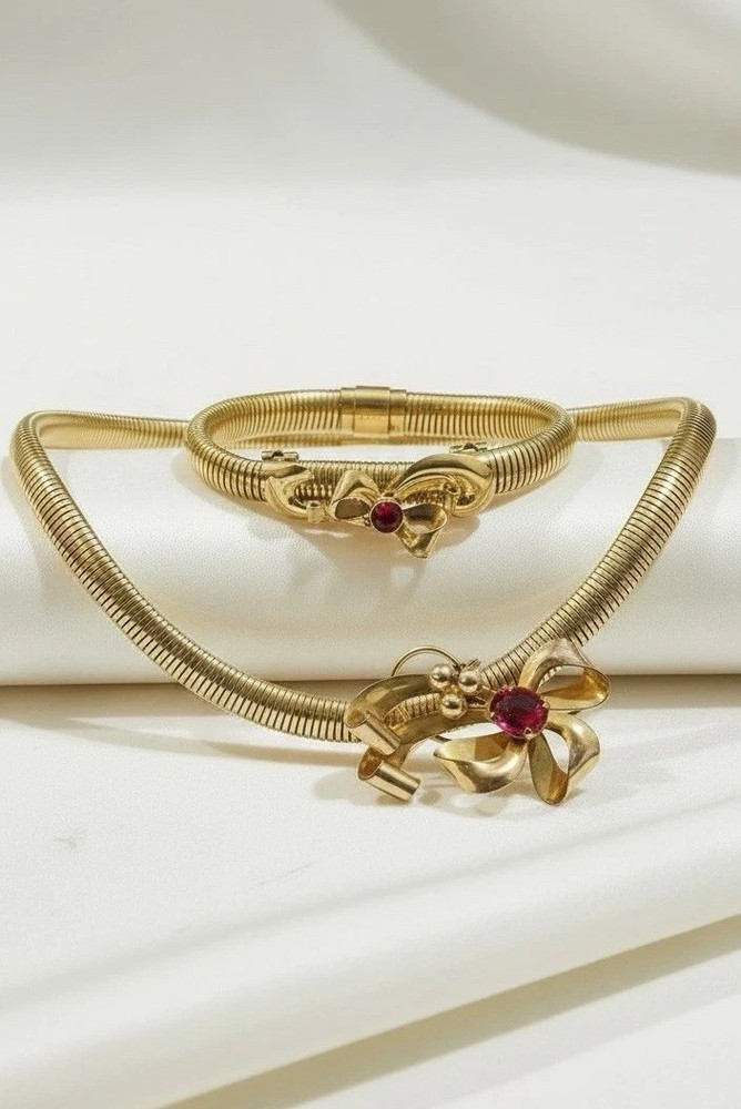 Signed CA Carl-Art Inc. 12K Gold Filled Stretchable Bracelet & Necklace 1950’s