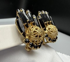 Juliana D&E Clip On Earrings Black Gold Filigree Navette VTG Book Piece Ref 5747
