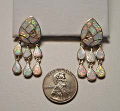 Beautiful Sterling & Opal Mosaic Pierced Earrings w Triple Drops post style