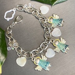 Love Hope Faith Angels Mother of Pearl Hearts Vintage Charm Blue Enamel Bracelet