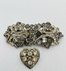 Vintage Pat Pend Rhinestone Brooch & Heart Pin Lot Smoky Gray Clear Crystal