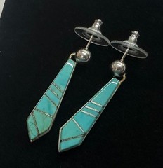 Calvin Begay Turquoise Inlay Dangle Earrings Native American Sterling Silver #8